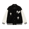 Chrome-Hearts Faux Fur Cross Varsity Jacket - Black White Gothic Streetwear 035
