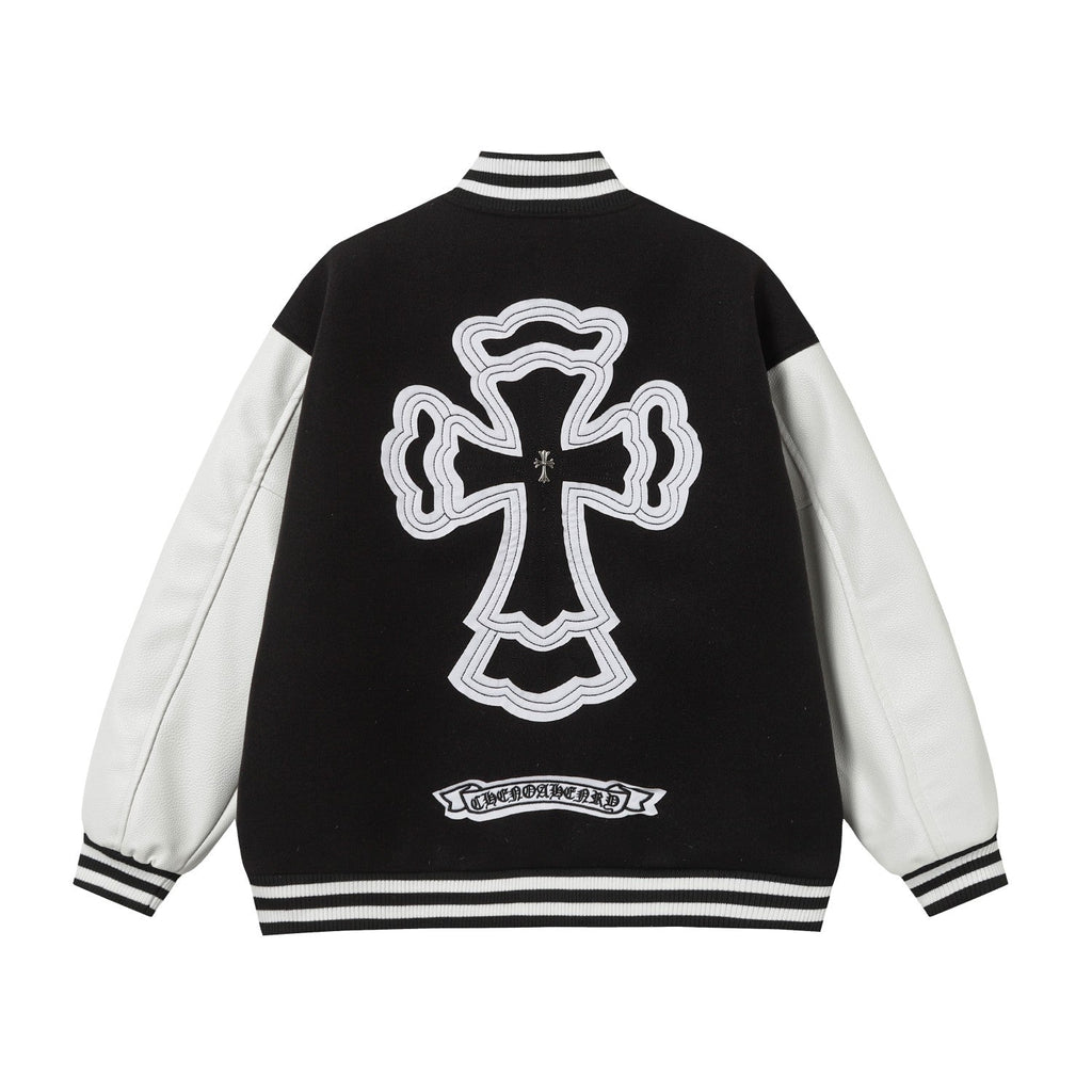 Chrome Hearts Layered Cross Varsity Jacket - Black White Street Style Outerwear 2208