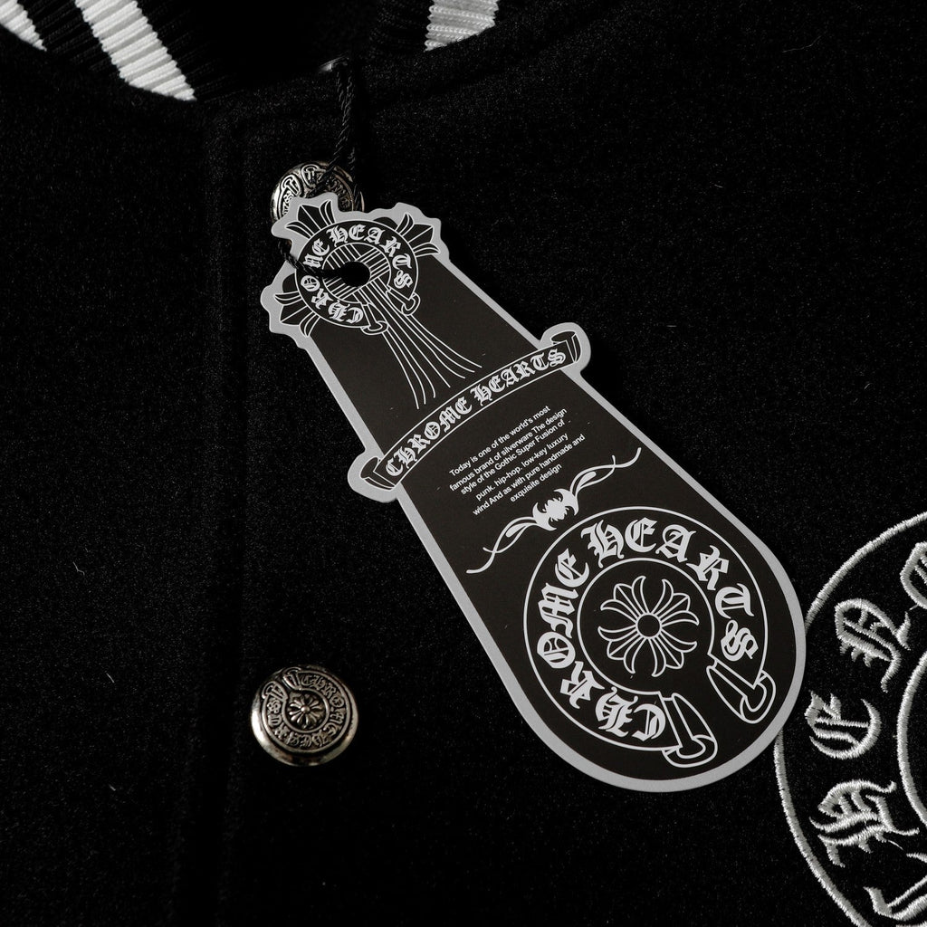 Chrome Hearts Layered Cross Varsity Jacket - Black White Street Style Outerwear 2208
