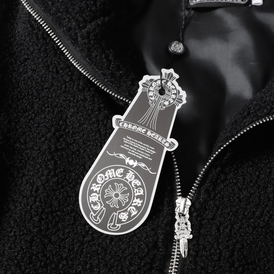 Chrome Hearts Horseshoe Embroidered Sherpa Jacket - Black Cream Gothic Coat 825