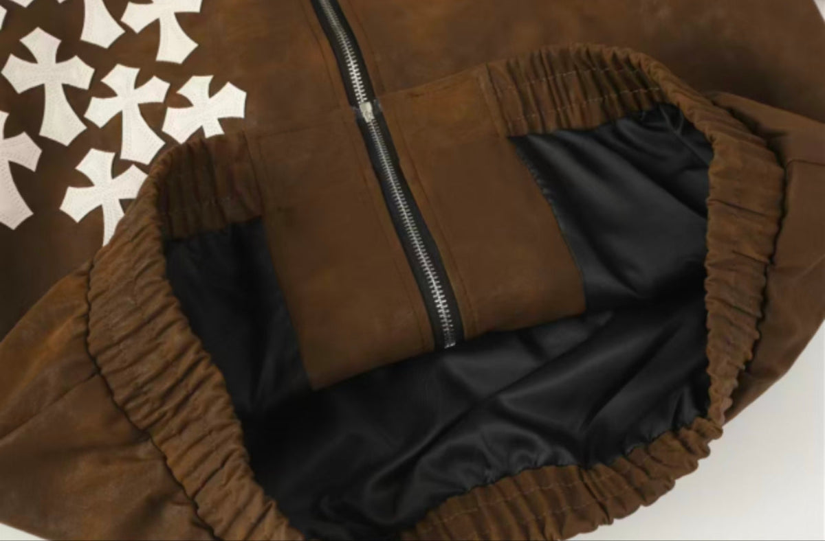 Chrome-Hearts Cross Patch Suede Jacket - Brown Gothic Streetwear Outerwear 8833