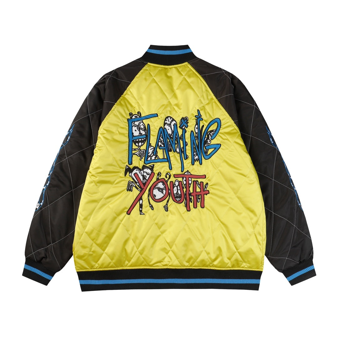 Chrome Hearts Flaming Youth Bomber Jacket - Yellow Black Graphic Street Coat D10