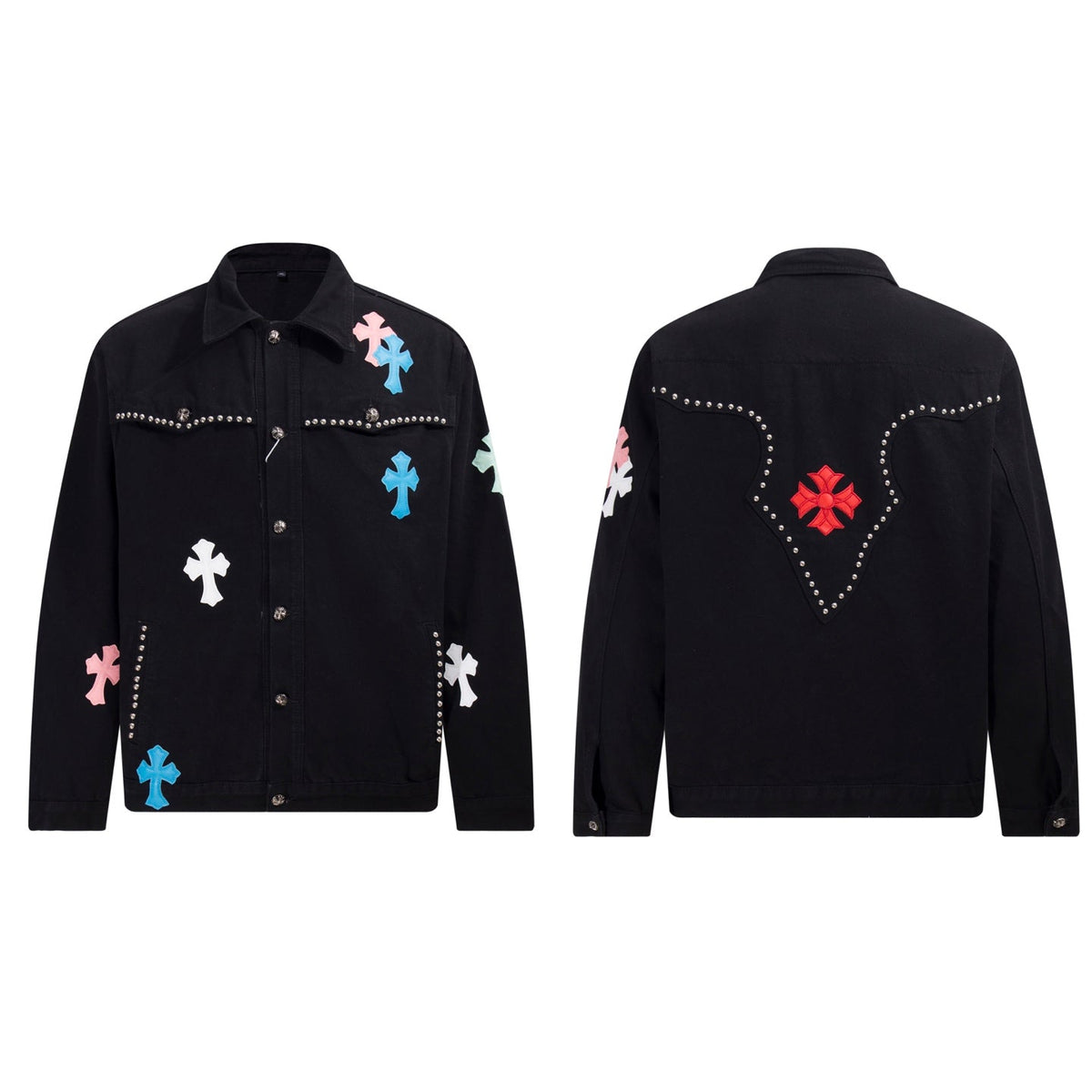 Chrome Hearts Multi Cross Studded Denim Jacket - Black Gothic Streetwear Coat H49