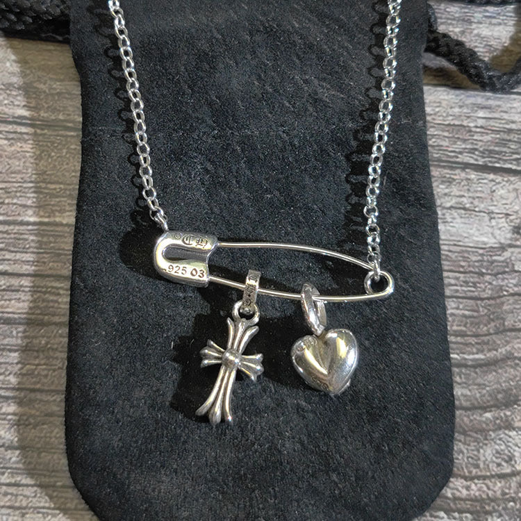 Chrome Hearts 925 silver brooch red diamond heart cross necklace
