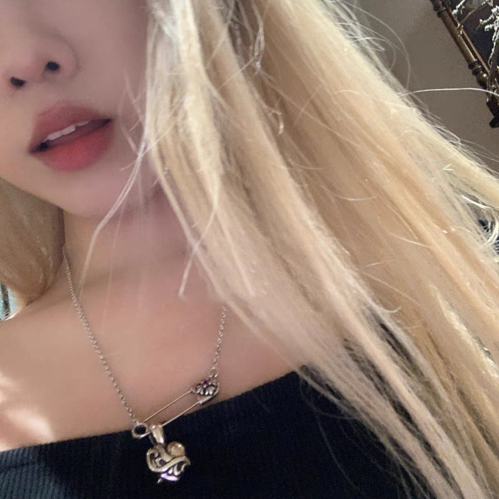 Chrome Hearts vine cute pink diamond brooch heart necklace