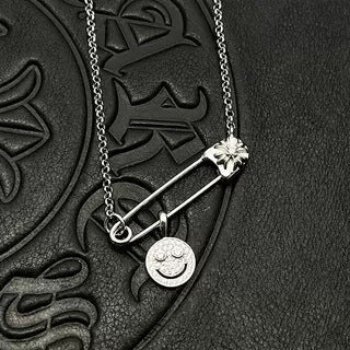 Chrome Hearts silver full diamond smiley face brooch necklace