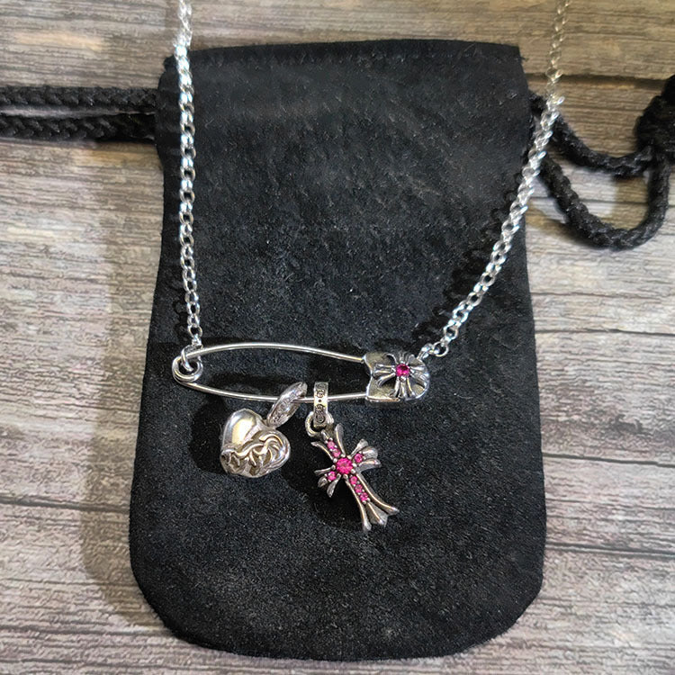 Chrome Hearts 925 silver brooch red diamond heart cross necklace