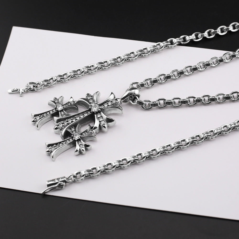 Chrome Hearts vintage diamond-studded three-cross bold letter chain