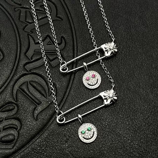 Chrome Hearts silver full diamond smiley face brooch necklace