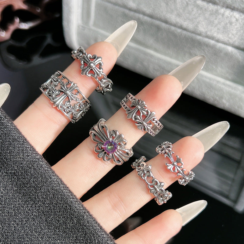 Chrome Hearts distressed iris cross open adjustable ring