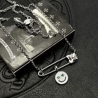 Chrome Hearts silver full diamond smiley face brooch necklace