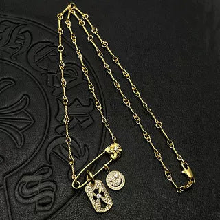 Chrome Hearts Gold Tag Full Diamond Smiley Face Diamond-Inlaid Pin Necklace
