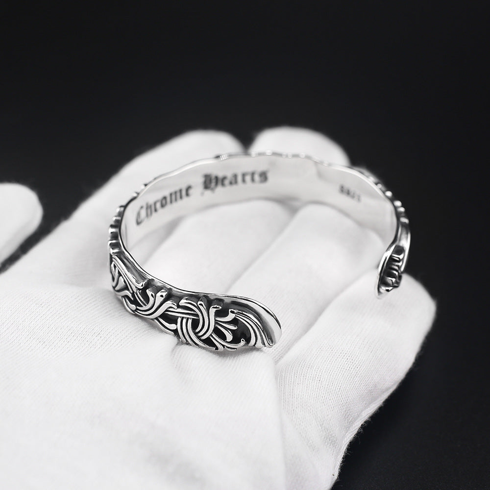 Chrome Hearts S925 Sterling Sliver Floral Cuff bracelet with intricate carvings