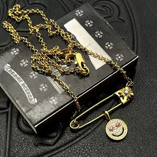 Chrome Hearts gold full diamond smiley face brooch necklace