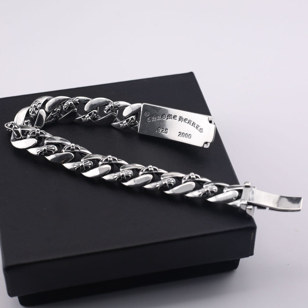 chrome hearts 925 Sterling silver Floral Cross Diamond ID Bracelet