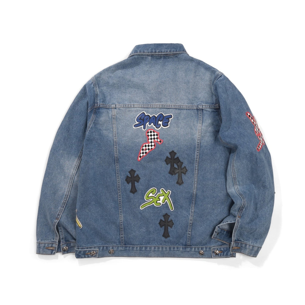 Chrome-Hearts Patchwork Denim Jacket - Vintage Blue Gothic Street Jacket 0789
