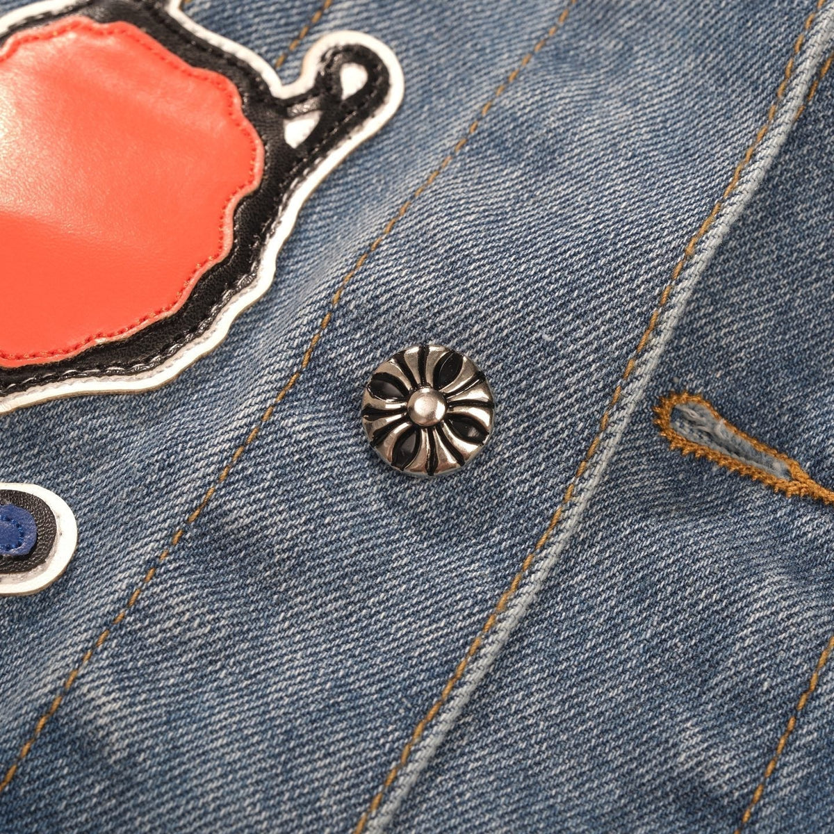 Chrome-Hearts Patchwork Denim Jacket - Vintage Blue Gothic Street Jacket 0789