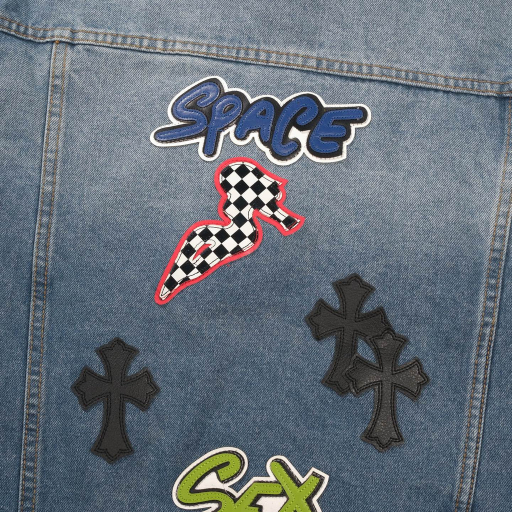 Chrome-Hearts Patchwork Denim Jacket - Vintage Blue Gothic Street Jacket 0789